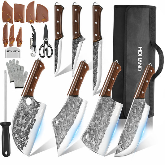 MDHAND 14pcs Kitchen Knives Set - Butcher Knife,Chef Knife, Boning Knife, Meat Cleaver - BBQ, Outdoor, Camping(Cloud)