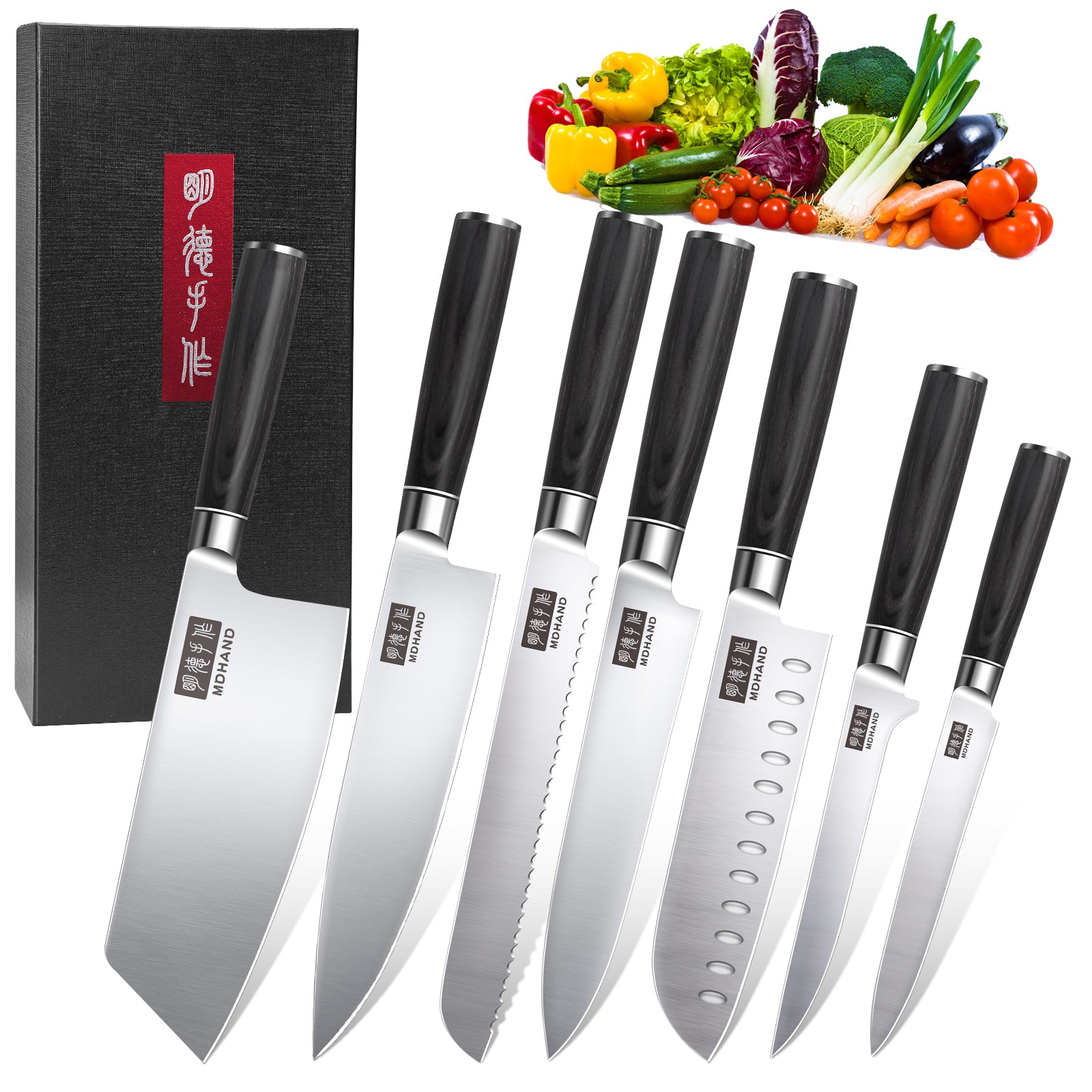 MDHAND 7-piece kitchen knife set with high-carbon stainless steel chef knives, featuring ergonomic handles and rust-resistant blades.