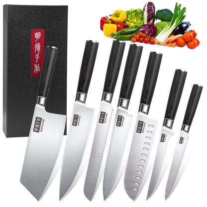 MDHAND 7-piece kitchen knife set with high-carbon stainless steel chef knives, featuring ergonomic handles and rust-resistant blades.