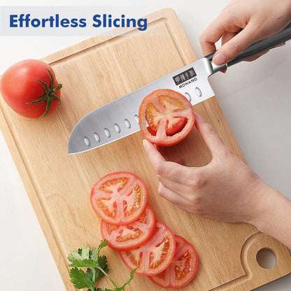 MDHAND 7-piece kitchen knife set with high-carbon stainless steel chef knives featuring ergonomic handles and ultra-sharp blades for various tasks.