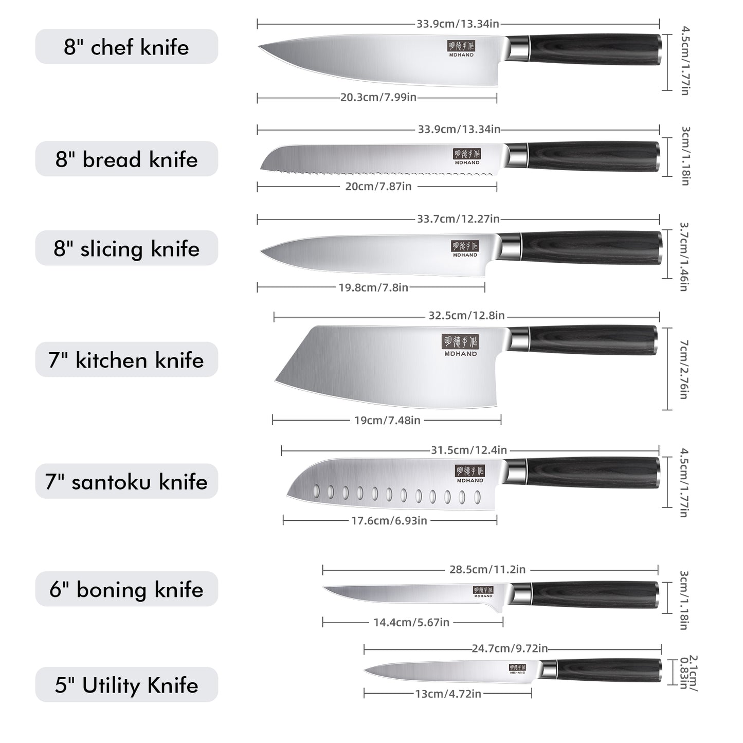 MDHAND 7-piece kitchen knife set with high-carbon stainless steel chef knives, featuring ergonomic handles and rust-resistant blades.