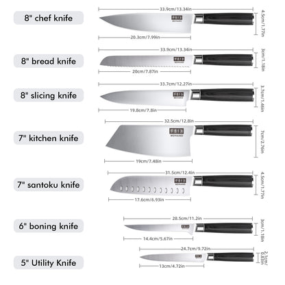 MDHAND 7-piece kitchen knife set with high-carbon stainless steel chef knives, featuring ergonomic handles and rust-resistant blades.