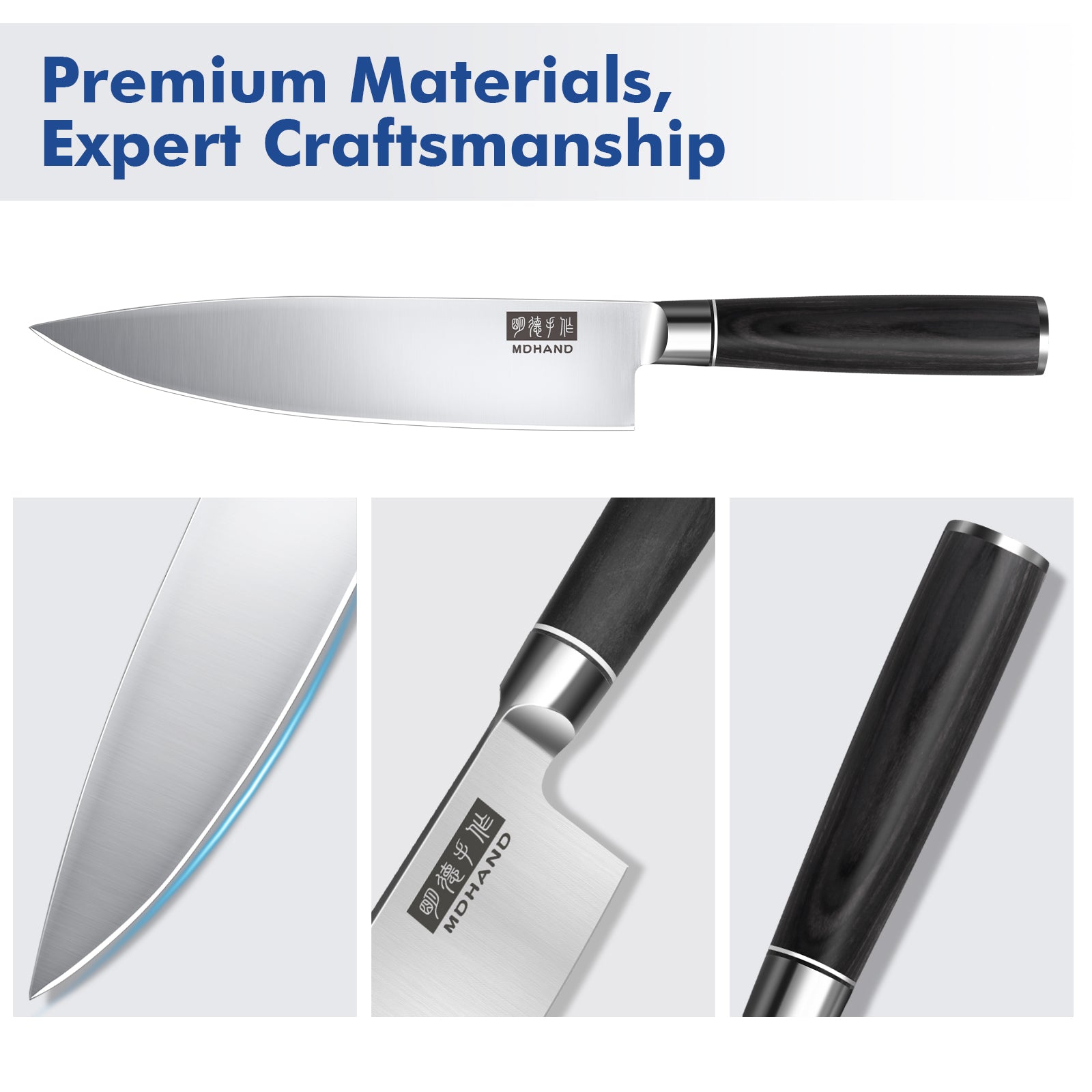 MDHAND 7-piece kitchen knife set with high-carbon stainless steel chef knives, ergonomic handles, ideal for meat, vegetables, and fruit.