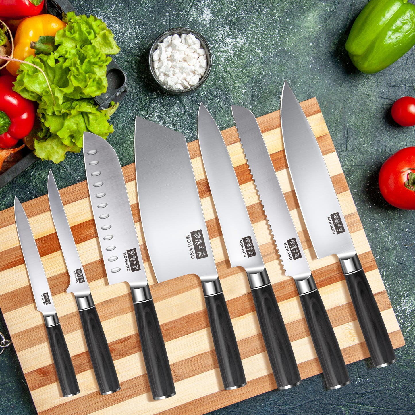 MDHAND 7-piece kitchen knife set with high-carbon stainless steel chef knives, ergonomic handles, ideal for meat, vegetables, and fruit.