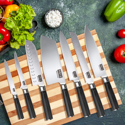MDHAND 7-piece kitchen knife set with high-carbon stainless steel chef knives, ergonomic handles, ideal for meat, vegetables, and fruit.