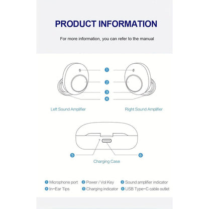 MDHAND sound amplification earbuds with sleek design, featuring comfortable earbuds and built-in microphone for clear audio.