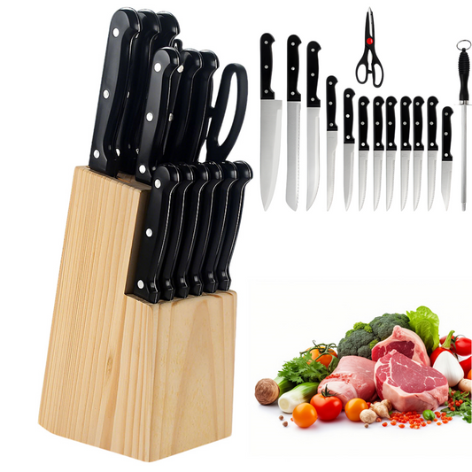 MDHAND Knife Block Set, 15 Pieces Kitchen Knife Set with Wooden Block, Stainless Steel Knife Set for Gift, Home
