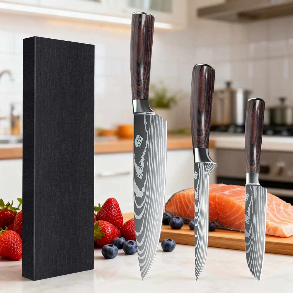 MDHAND 3-Piece Red Wood Handle Knife Set, Includes Santoku Chef Paring Knife