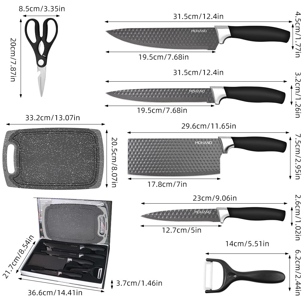 MDHAND Kitchen Knife Set, 7-Piece with Cutting Board, Sharp Chef & Utility Knives ¨C Ideal Gift(Black Handle)