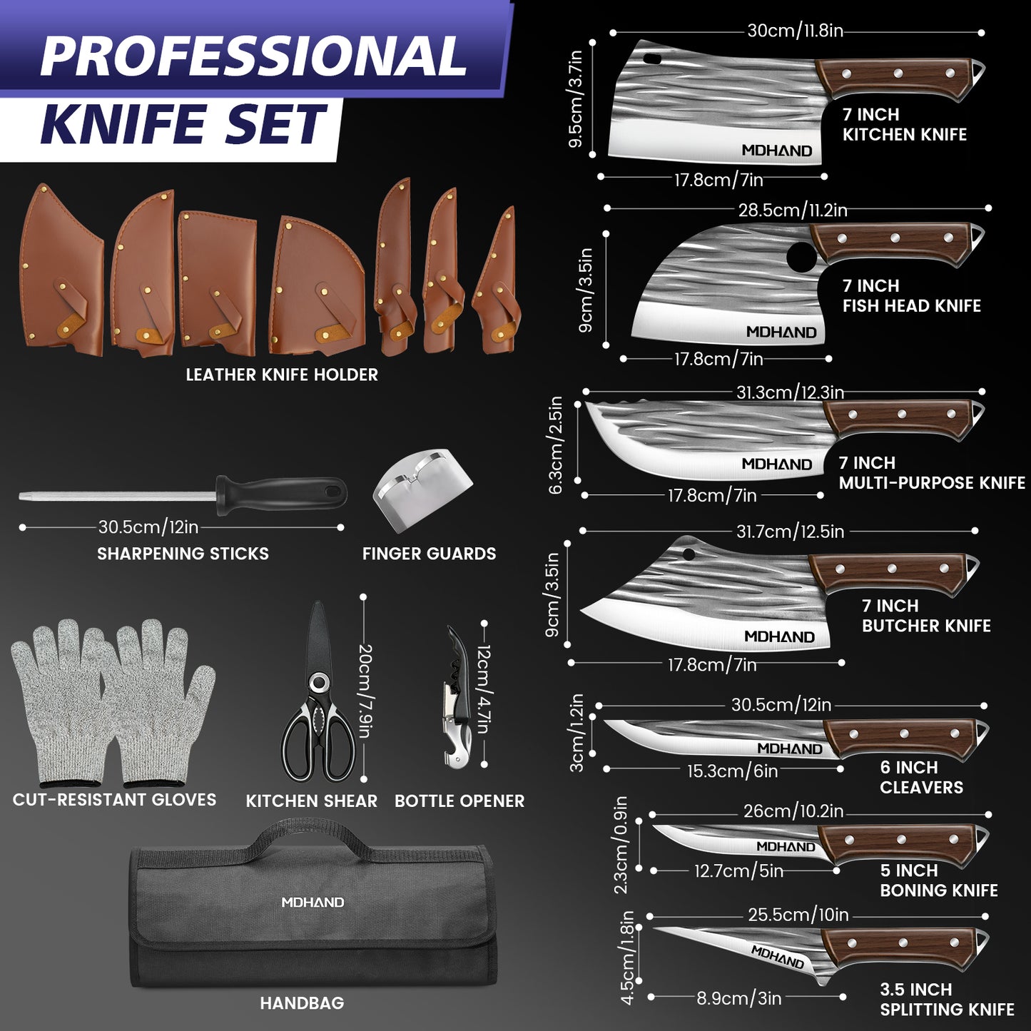 MDHAND 14pcs Kitchen Knives Set - Butcher Knife,Chef Knife, Boning Knife, Meat Cleaver - BBQ, Outdoor, Camping(Stripe)