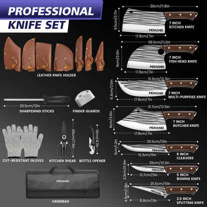 MDHAND 14pcs Kitchen Knives Set - Butcher Knife,Chef Knife, Boning Knife, Meat Cleaver - BBQ, Outdoor, Camping(Stripe)