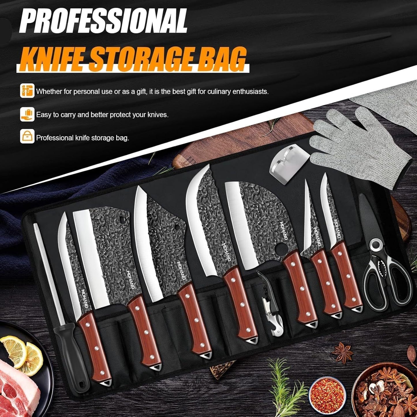 MDHAND 14PCS Butcher Knife Set, Hand Forged Chef Knife & Meat Cleaver Knife Set for Home, Outdoor Cooking, Camping