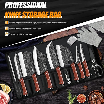 MDHAND 14PCS Butcher Knife Set, Hand Forged Chef Knife & Meat Cleaver Knife Set for Home, Outdoor Cooking, Camping
