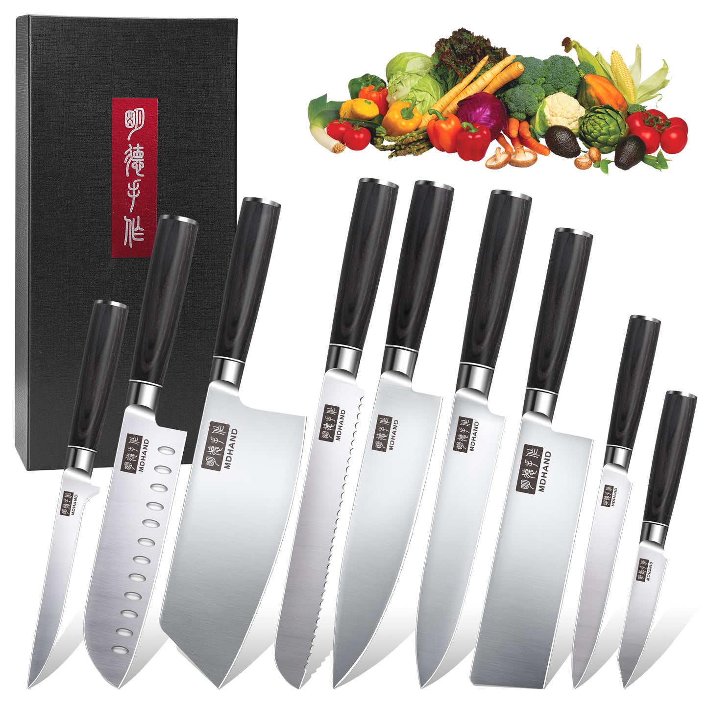 MDHAND 9-piece kitchen knife set with high-carbon stainless steel chef knives, ergonomic handles, ideal for meat, vegetables, and fruits.