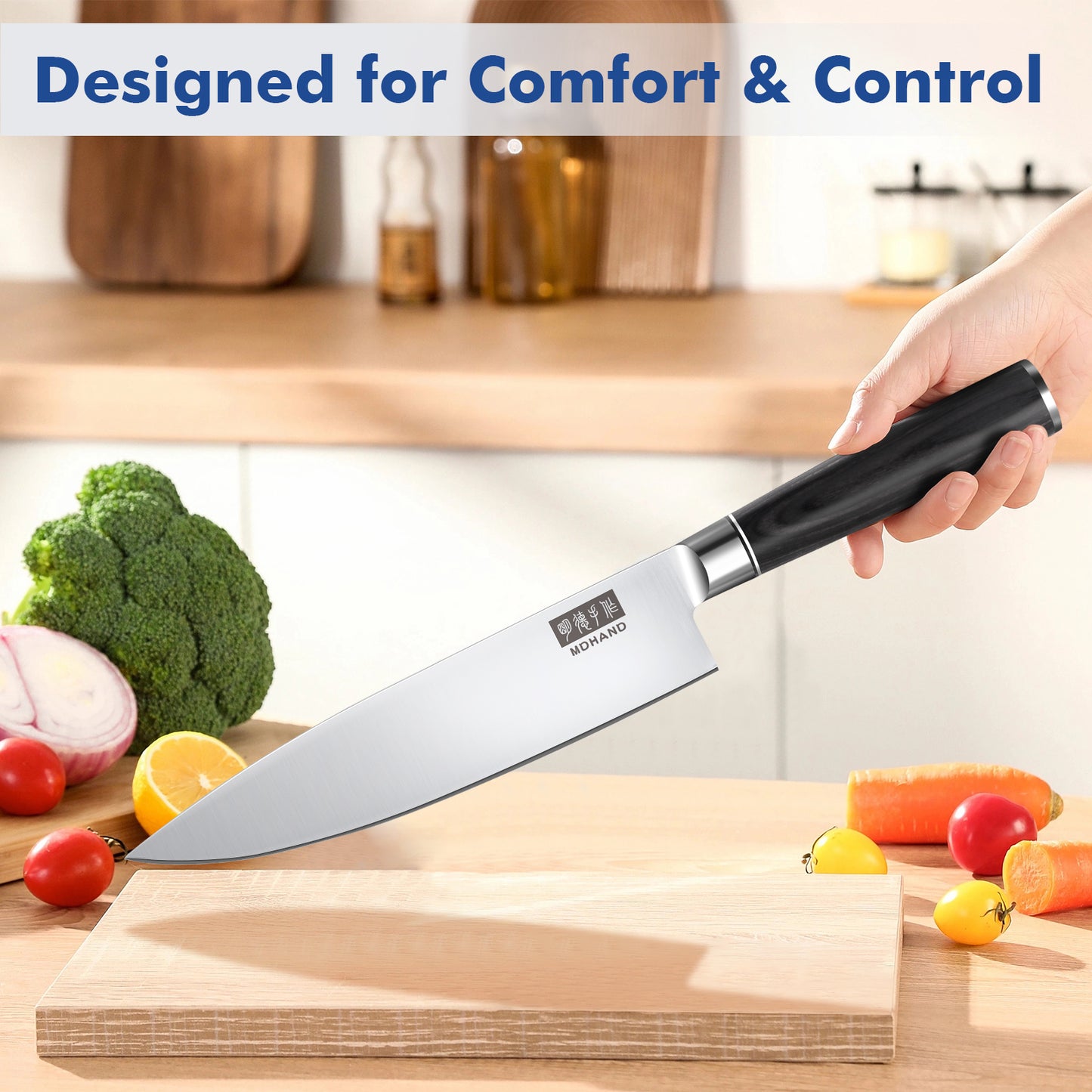 MDHAND 9-piece kitchen knife set with high-carbon stainless steel chef knives, ergonomic handles, ideal for meat, vegetables, and fruit.