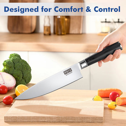 MDHAND 9-piece kitchen knife set with high-carbon stainless steel chef knives, ergonomic handles, ideal for meat, vegetables, and fruit.