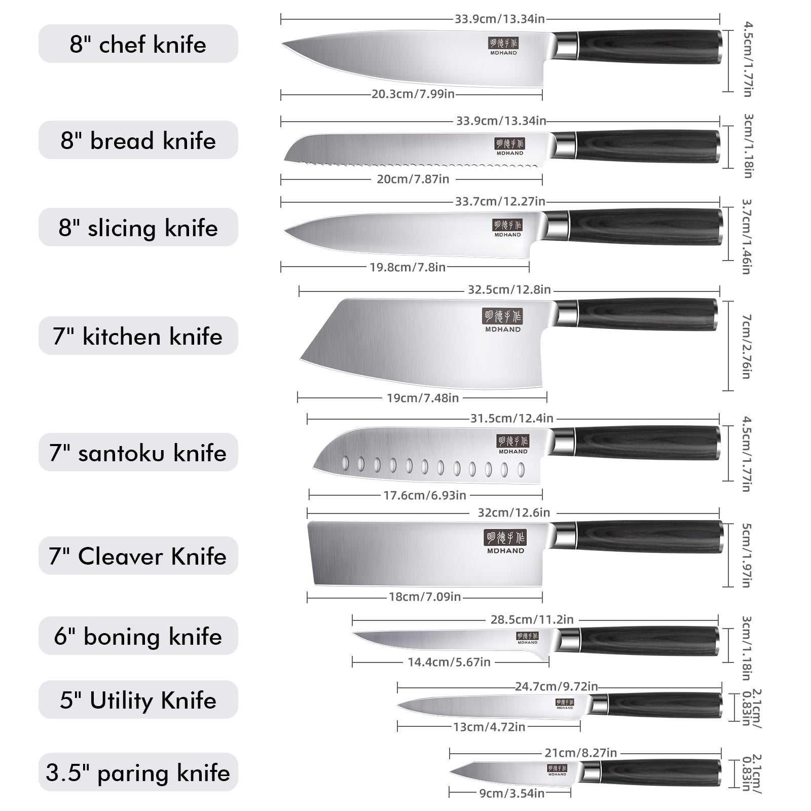MDHAND 9-piece kitchen knife set with high-carbon stainless steel chef knives, ergonomic handles, ideal for meat, vegetables, and fruit.