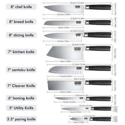 MDHAND 9-piece kitchen knife set with high-carbon stainless steel chef knives, ergonomic handles, ideal for meat, vegetables, and fruit.