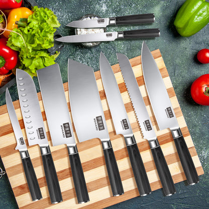 MDHAND 9-piece kitchen knife set with high-carbon stainless steel chef knives, ergonomic handles, ideal for meat, vegetables, and fruit.