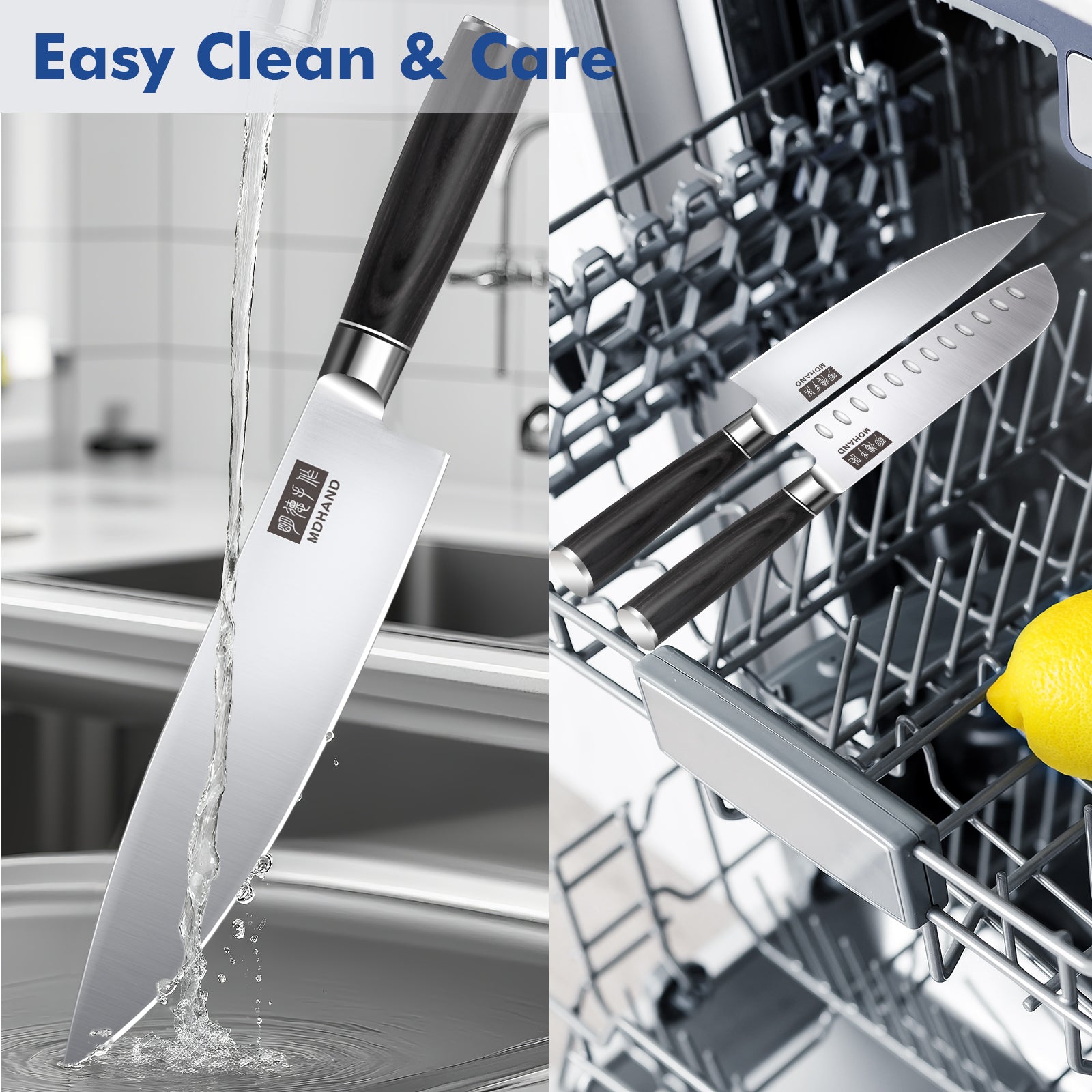 MDHAND 3-piece kitchen knife set with high-carbon stainless steel chef knives, sharp blades, ergonomic handles, rust-resistant.