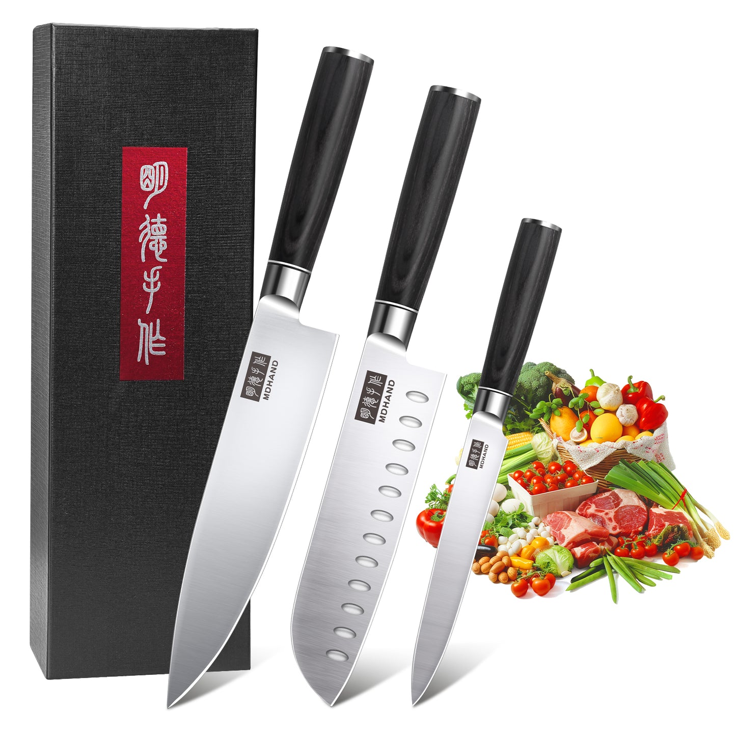MDHAND 3-piece kitchen knife set with high-carbon stainless steel chef knives, ergonomic handles, ideal for meat, vegetables, and fruit.