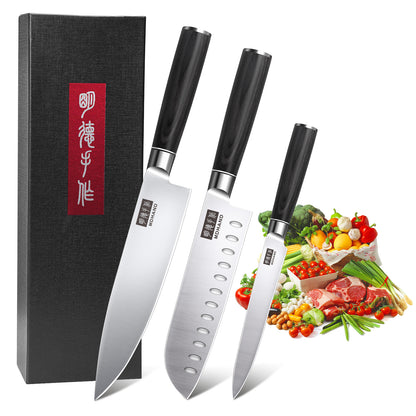 MDHAND 3-piece kitchen knife set with high-carbon stainless steel chef knives, ergonomic handles, ideal for meat, vegetables, and fruit.