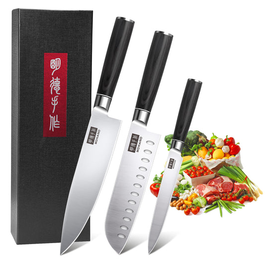MDHAND 3-piece kitchen knife set with high-carbon stainless steel chef knives, ergonomic handles, ideal for meat, vegetables, and fruit.
