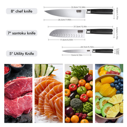 MDHAND 3-piece kitchen knife set with high-carbon stainless steel blades, ergonomic handles, ideal for meat, vegetables, and fruit.