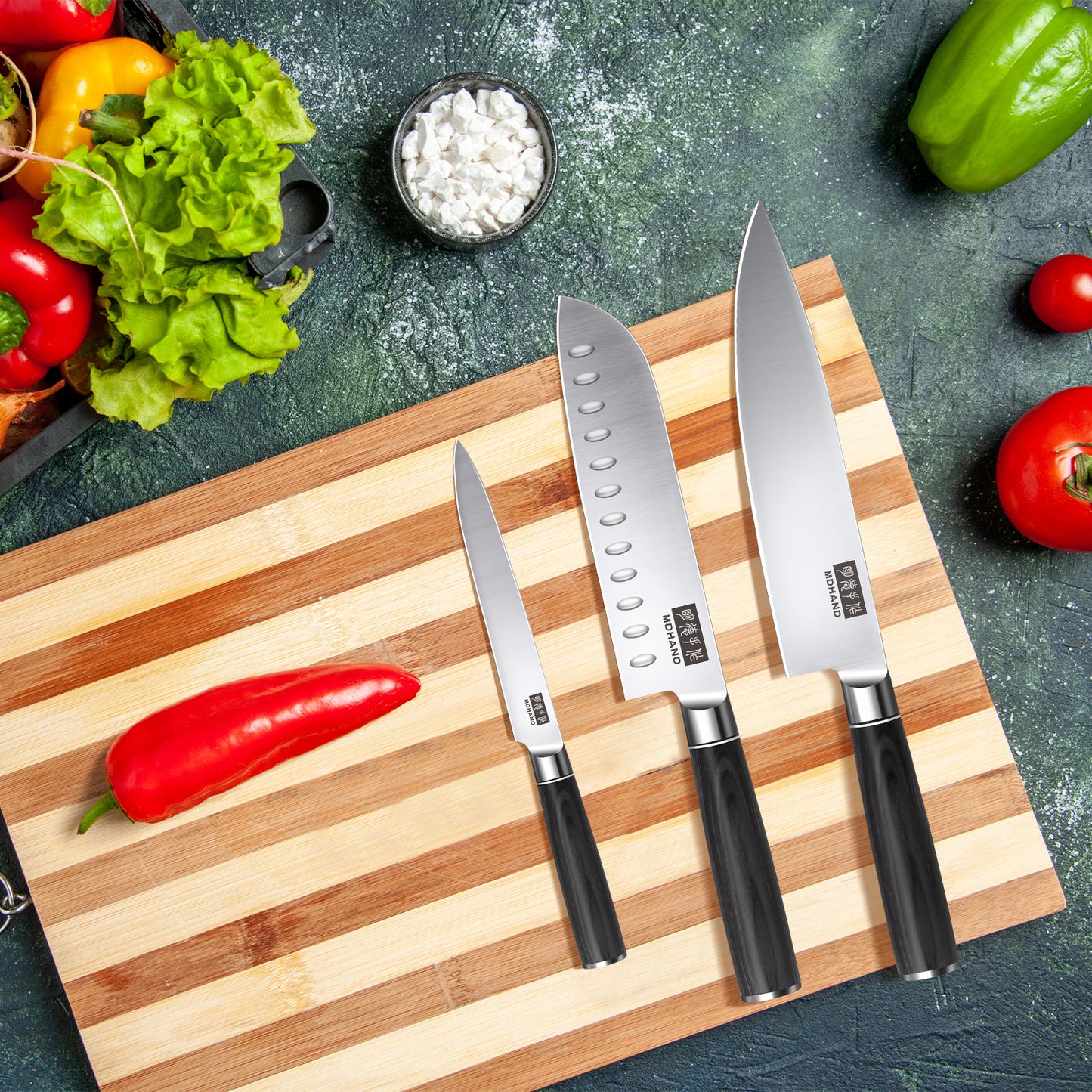 MDHAND 3-piece kitchen knife set with high-carbon stainless steel chef knives, featuring ergonomic handles and rust resistance.