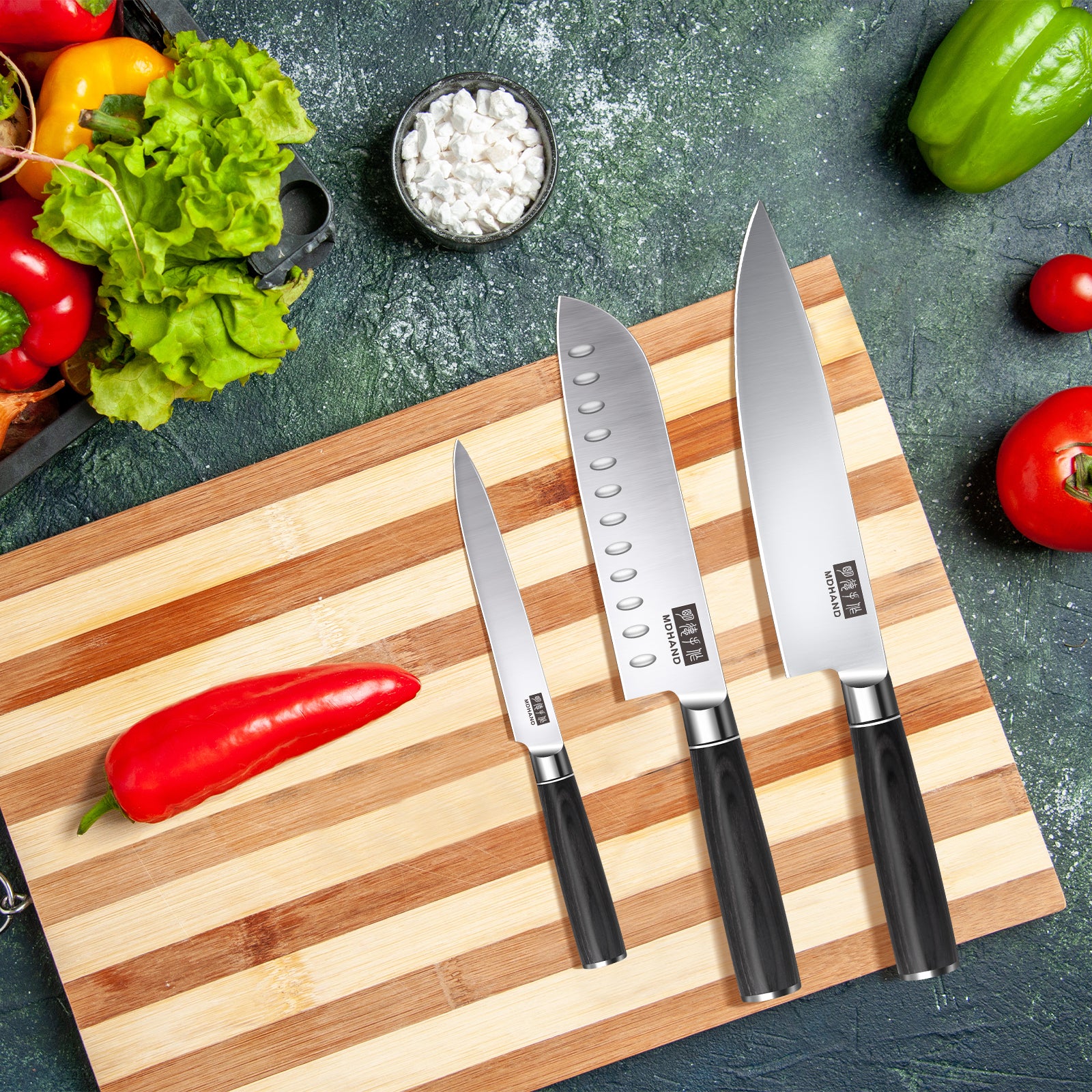 MDHAND 3-piece kitchen knife set with high-carbon stainless steel chef knives, featuring ergonomic handles and rust resistance.