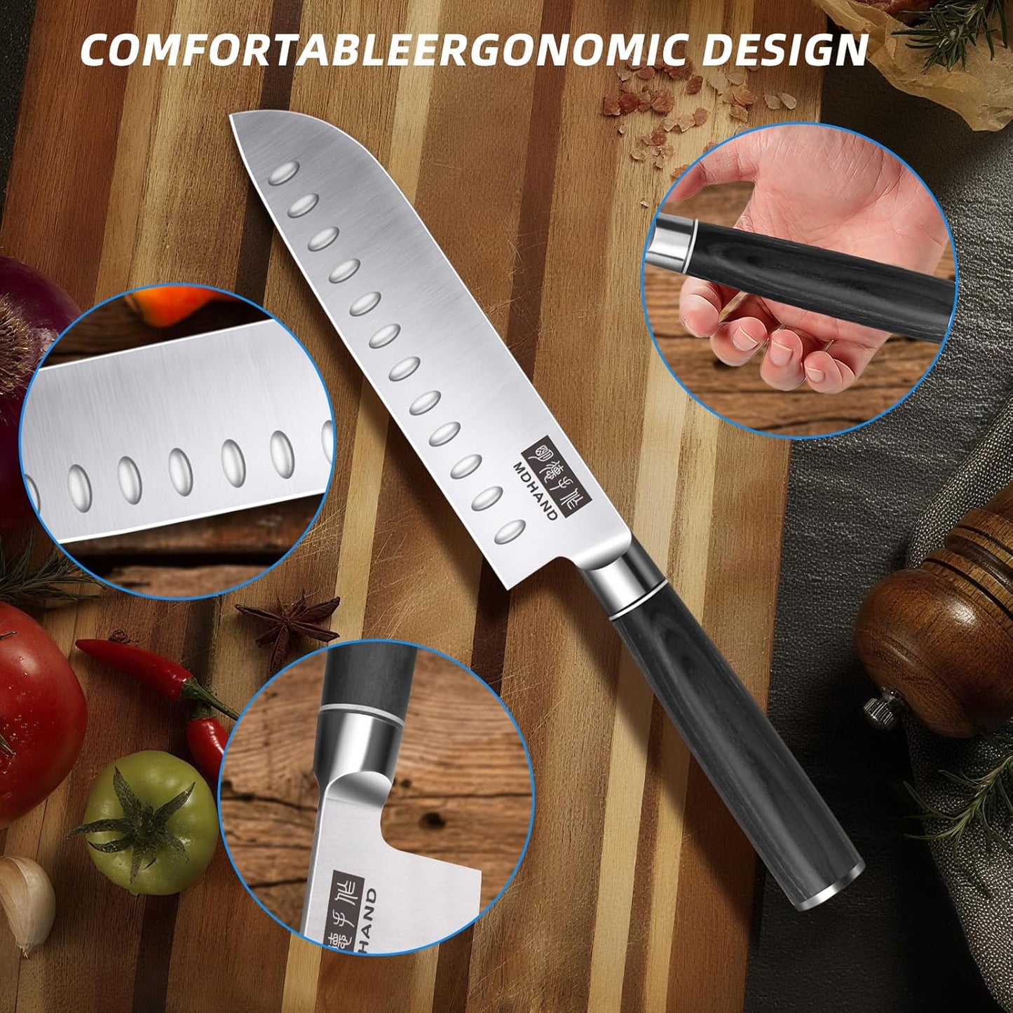 MDHAND 3-piece kitchen knife set with high-carbon stainless steel blades, ergonomic handles, ideal for meat, vegetables, and fruit.