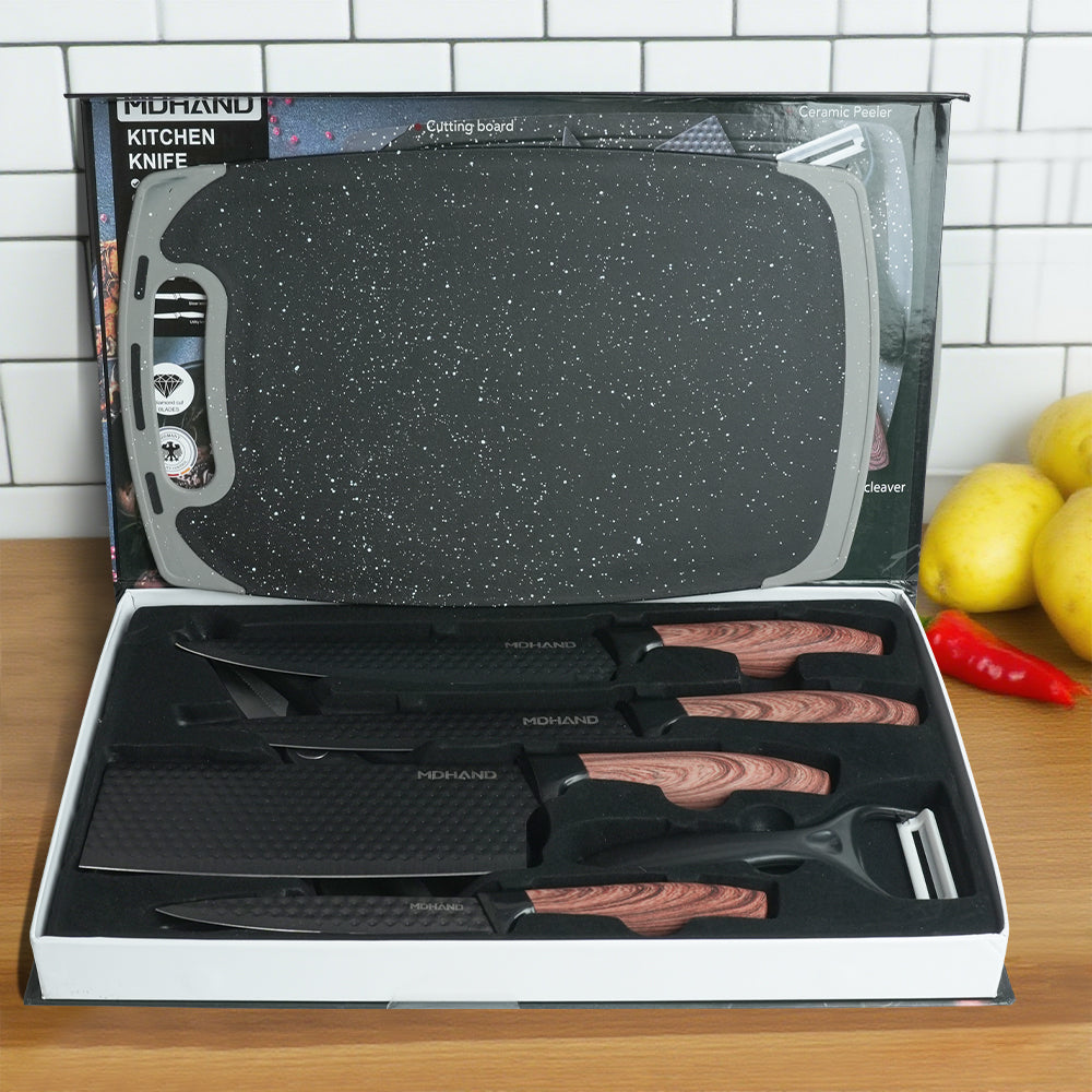 MDHAND Kitchen Knife Set, 7-Piece with Cutting Board, Sharp Chef & Utility Knives ¨C Ideal Gift(Brown Handle)
