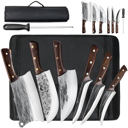 MDHAND 7PCS Butcher Knife Set, Hand Forged Meat Cleaver Knife,Meat Cutting Kitchen Knife Set for Home, Outdoor Cooking, Camping BBQ
