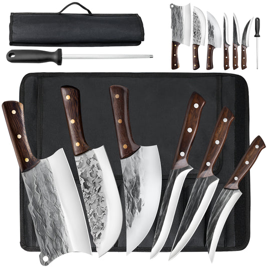 MDHAND 7PCS Butcher Knife Set, Hand Forged Meat Cleaver Knife,Meat Cutting Kitchen Knife Set for Home, Outdoor Cooking, Camping BBQ