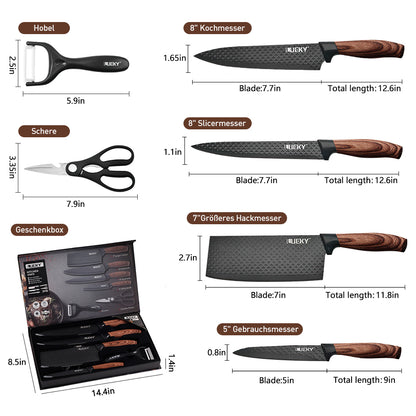 MDHAND 6 Pieces Black Professional Chef Knife Set, BBQ Meat Knives for Cooking, Forged Kitchen Knife with High Carbon Stainless Steel Cutlery Ergonomic Design Handle