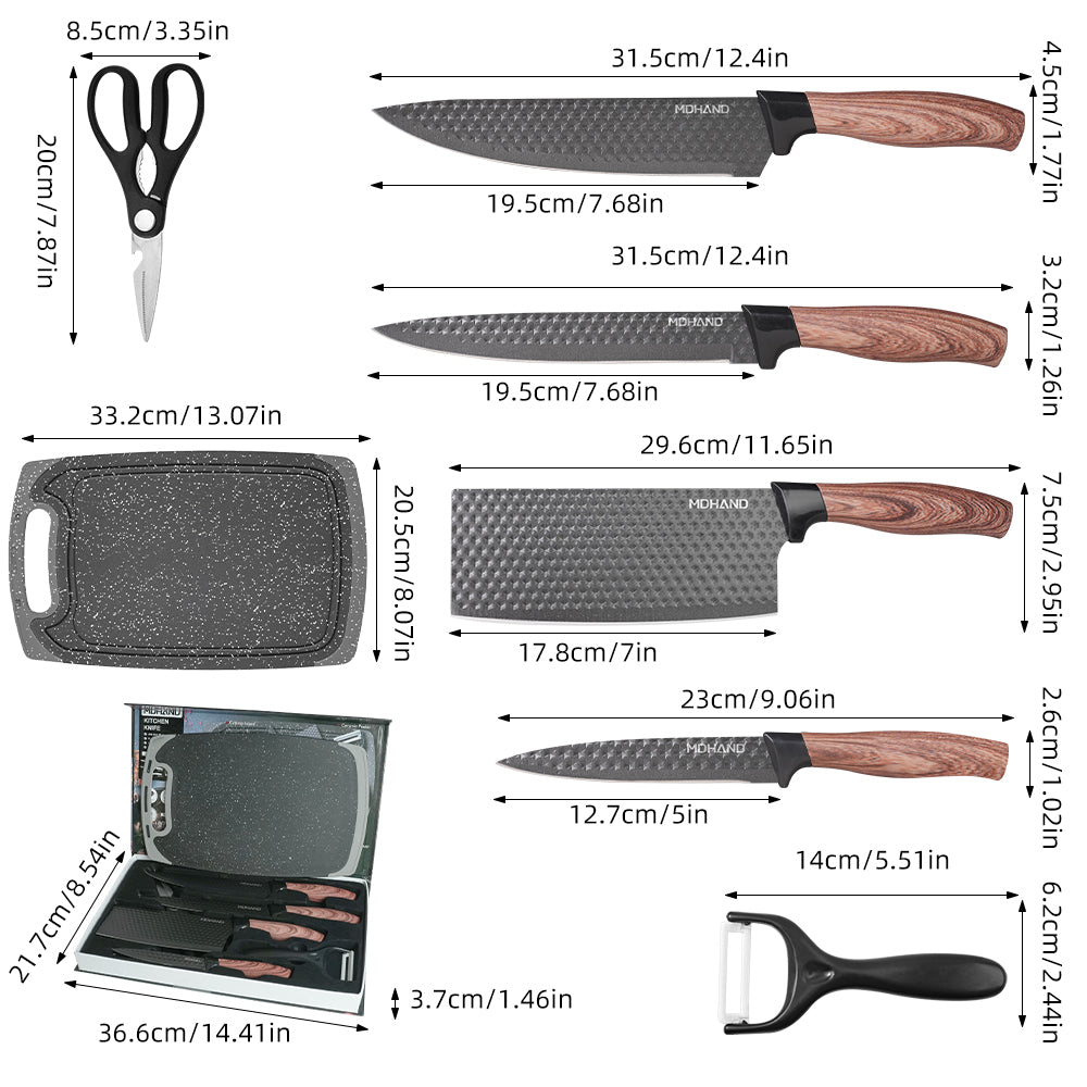 MDHAND Kitchen Knife Set, 7-Piece with Cutting Board, Sharp Chef & Utility Knives ¨C Ideal Gift(Brown Handle)