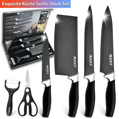 MDHAND 6 Pieces Black Professional Chef Knife Set, BBQ Meat Knives for Cooking, Forged Kitchen Knife with High Carbon Stainless Steel Cutlery Ergonomic Design Handle