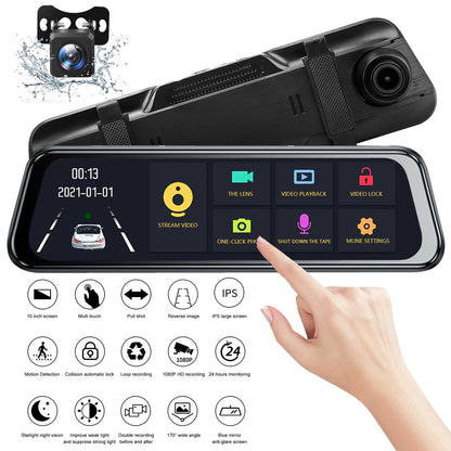 MDHAND 10-inch touchscreen streaming dash cam with dual lenses and 1080p resolution, capturing clear footage from front and rear cameras.