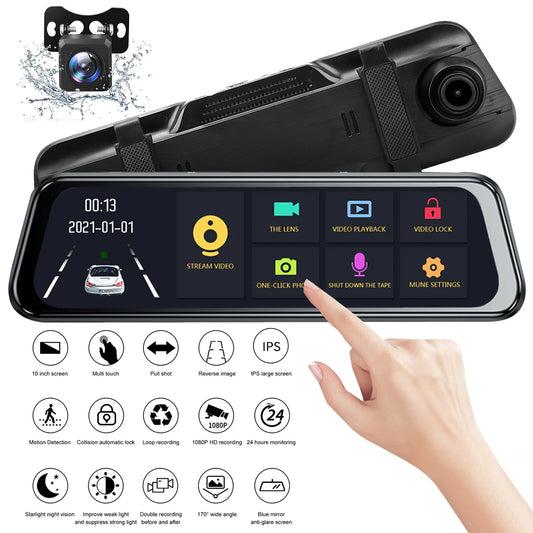 MDHAND 10-inch touchscreen streaming dash cam with dual lenses and 1080p resolution, capturing clear footage from front and rear cameras.