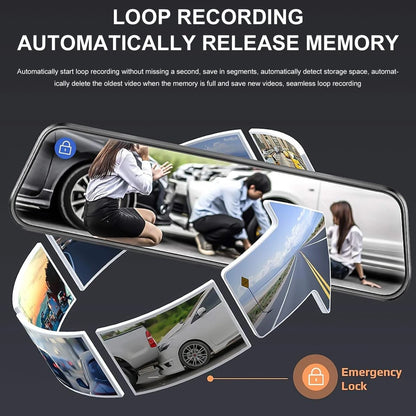 MDHAND 10-inch touchscreen streaming dash cam with dual 1080p lenses, recording high-definition video for vehicle safety.