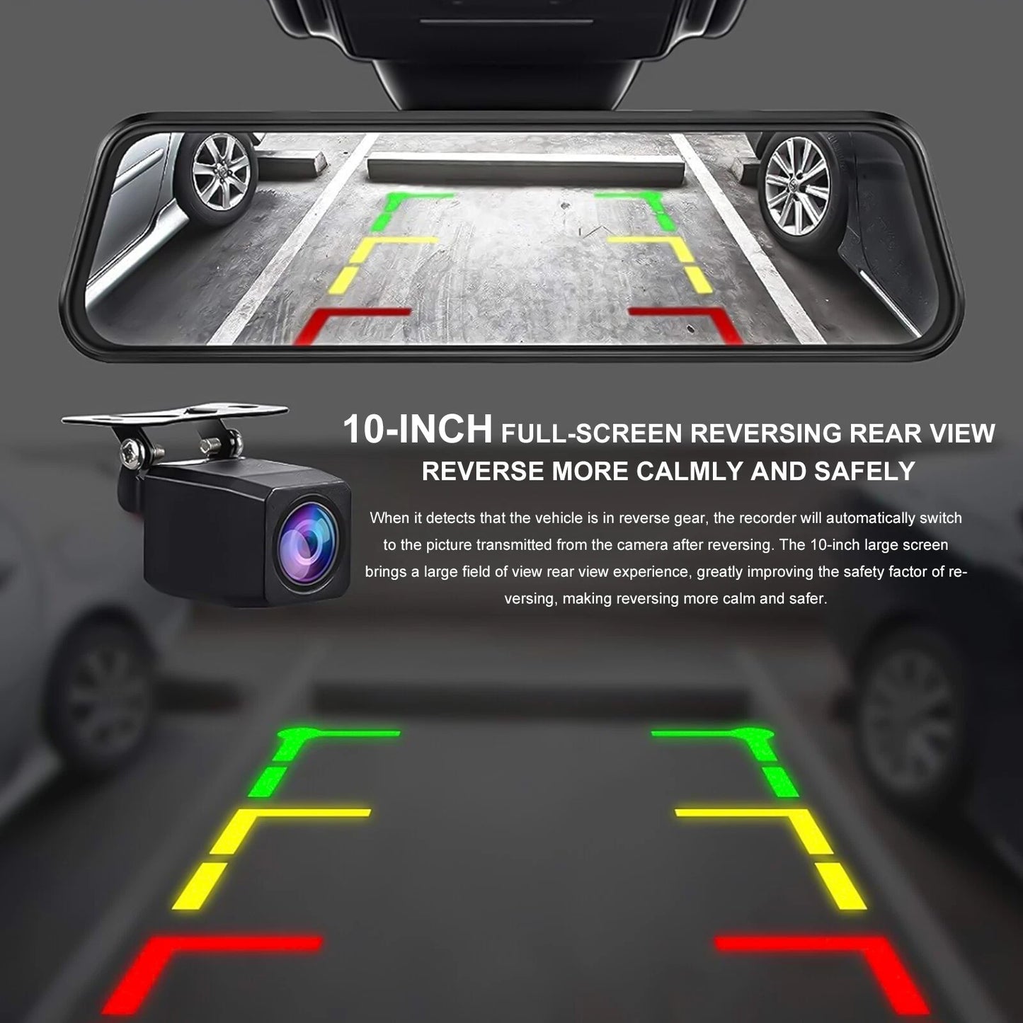 MDHAND 10-inch touchscreen streaming dash cam with dual lenses and 1080p resolution, showing front and rear camera views.