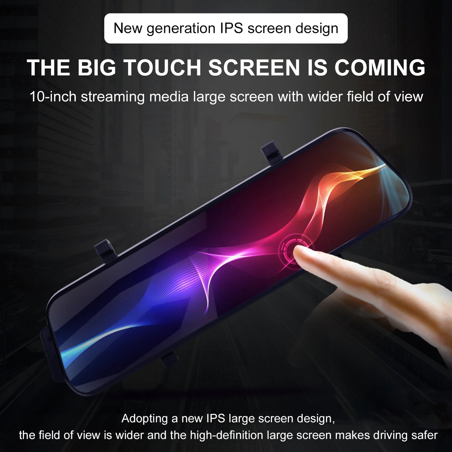 MDHAND 10-inch touchscreen streaming dash cam with dual 1080p lenses, showcasing the front and rear camera setup.