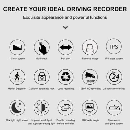MDHAND 10-inch touch screen streaming dash cam with dual 1080p lenses for clear vehicle recording and navigation.
