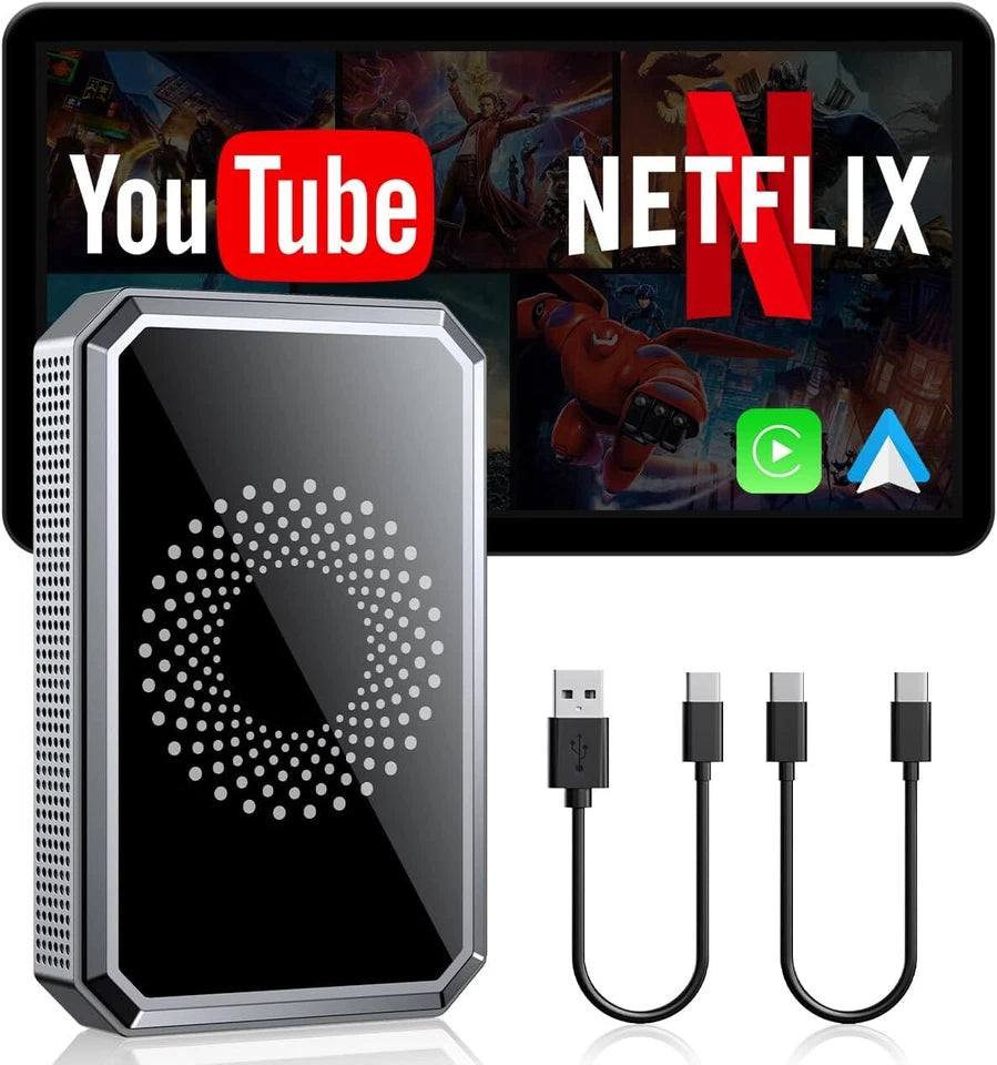 Wireless CarPlay AI Box for Android Auto, MDHAND 3-in-1 Android12 multimedia adapter, showing device connected in car dashboard setting.