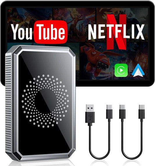 Wireless CarPlay AI Box for Android Auto, MDHAND 3-in-1 Android12 multimedia adapter, showing device connected in car dashboard setting.
