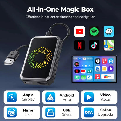 MDHAND 3-in-1 Android 12 Wireless CarPlay AI Box adapter connected to a car dashboard with display screen and multimedia controls.