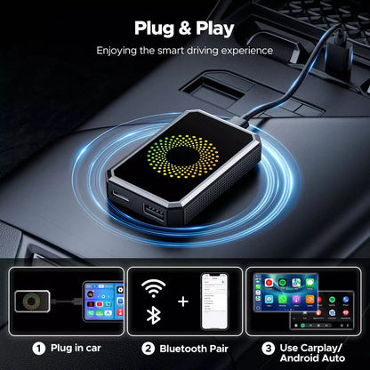 MDHAND 3-in-1 Android 12 Wireless CarPlay AI Box adapter connected to a car dashboard, showing multimedia interface and connection ports