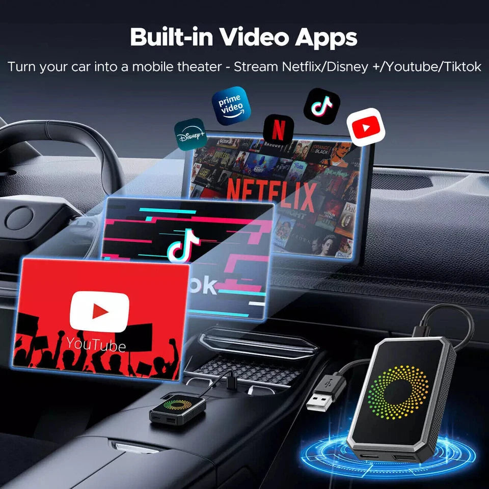 MDHAND 3-in-1 Android Auto Wireless CarPlay AI Box adapter connected to a car dashboard, showcasing multimedia interface and connectivity features.