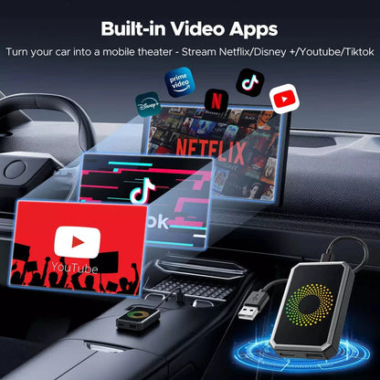 MDHAND 3-in-1 Android Auto Wireless CarPlay AI Box adapter connected to a car dashboard, showcasing multimedia interface and connectivity features.