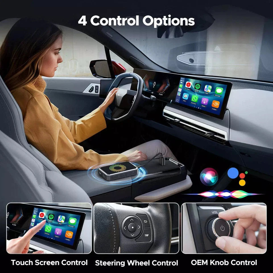 MDHAND 3-in-1 Android12 Wireless CarPlay AI Box adapter connected to a car dashboard showing multimedia interface and connection ports.